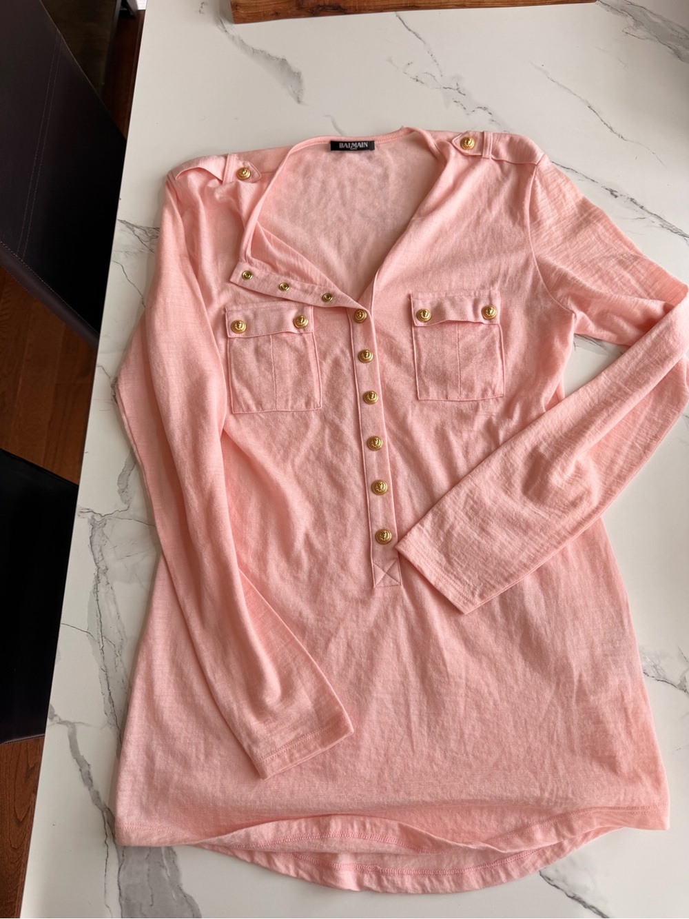 Balmain Light Pink Long Sleeve V-Neck Button Top